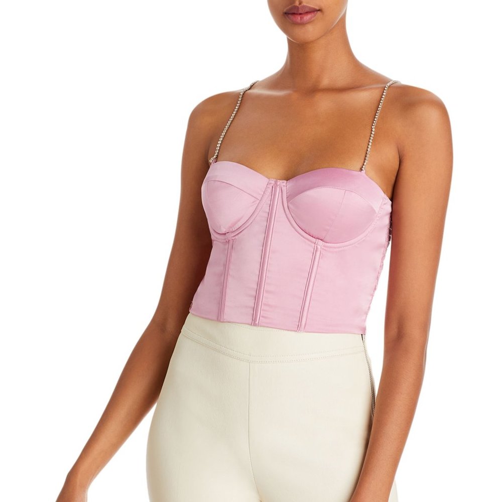 Fore Women's Pink Satin Crystal Starp Corset Cropped Blouse Top Large B4HP